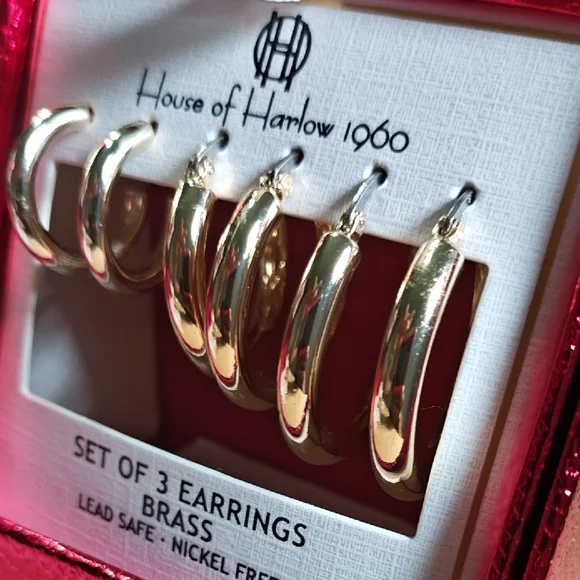 House of Harlow 1960 Brass Hoop Earrings Trio - Picture 4 of 4